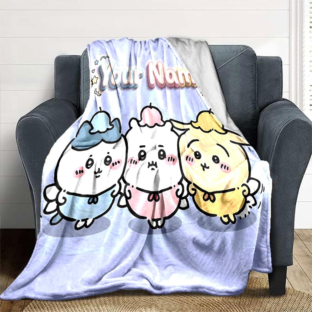 1pc Chiikawa Blanket with Custom Name, Gift, for Men and Women, Soft Blanket, Good for Sofa Bed Couch Travel, Lightweight Flannel Blanket