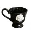 Camellia Embossed French Household Creative Breakfast Milk Cup, Ceramic Mug, Office Coffee Cup, Retro Mugs with Handle