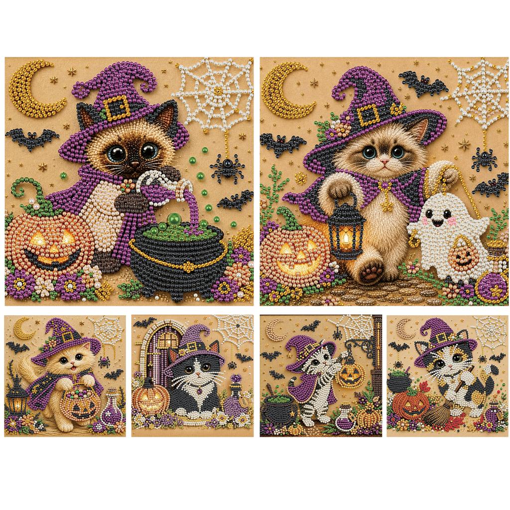 Full Drill Pearl Painting Kit with Frame 20x20cm Halloween Animal DIY Bead Art 3D Sparkling Wall Decor