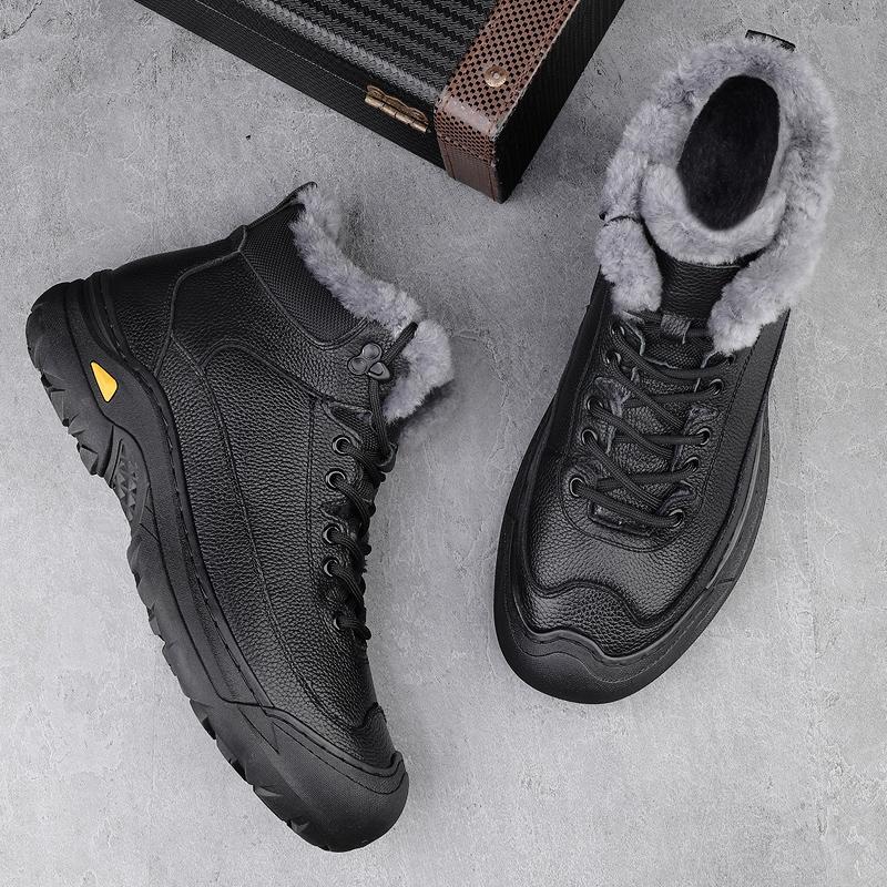Non-Slip Men Lace-Up High Top Shoes New Genuine Leather Casual Shoes Man Motorcycle Boots Fashion Hiking Winter Plush Snow Botas
