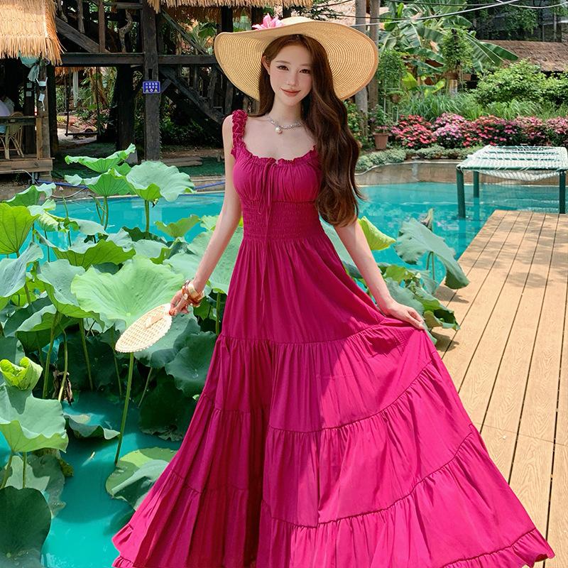 High-end Design Romantic Seaside Wear Pinch Waist Suspender Dress Women's Summer Sanya Travel Dress