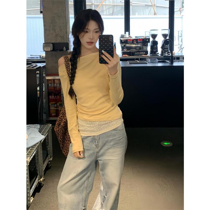 

MR [Modal Cotton] Lace Splicing Design Sense One Word Slant Shoulder Long Sleeve Female Spice Girl Waist Pleated Top S жёлтый