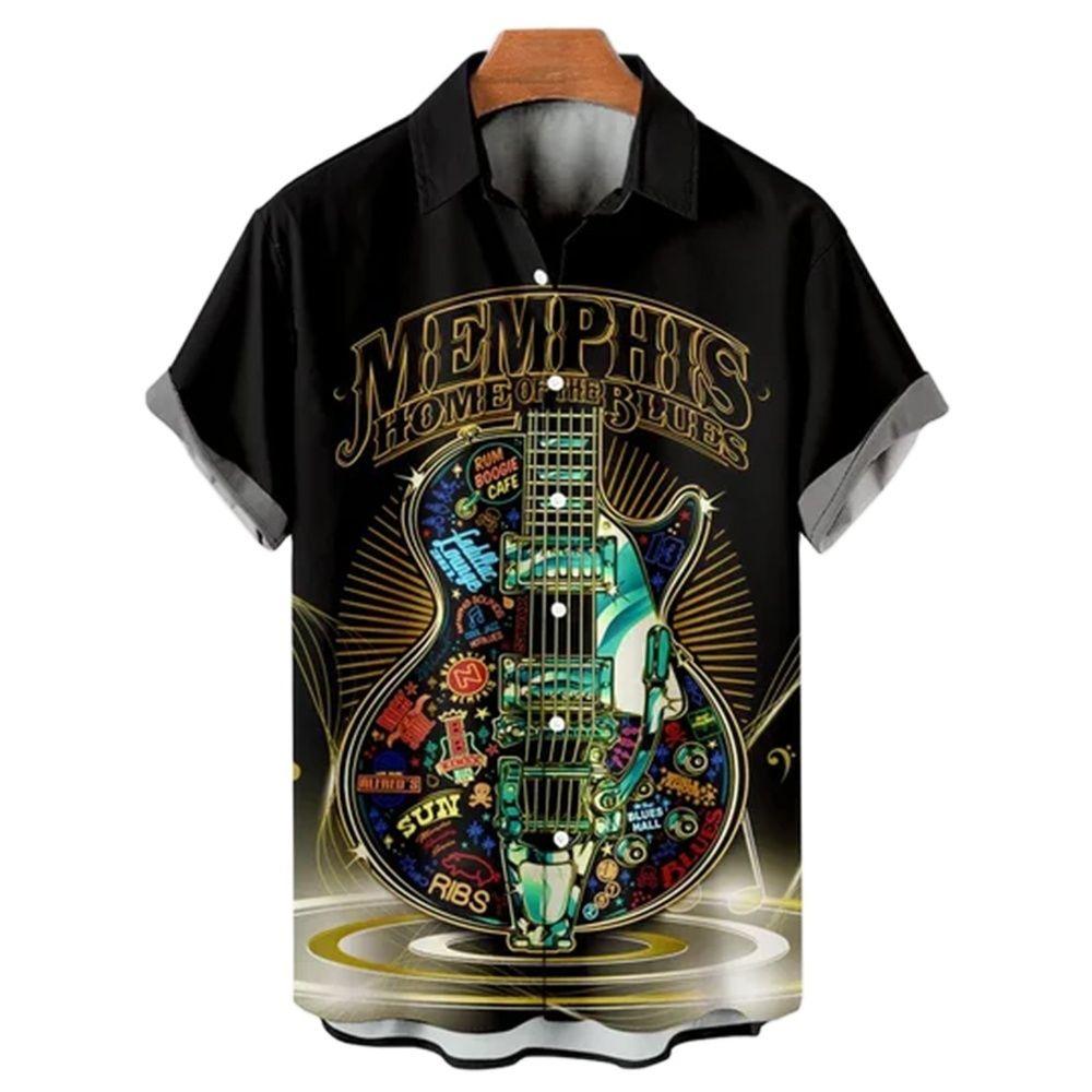 Men's Music Guitar Print Shirts Rock Hip Hop 2025 Men's Clothing Short Sleeve Beach Shirt Outdoor Street Social Vintage Shirt