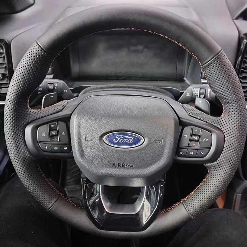 Perforated Leather Cover Hand Sewing Car Steering Wheel Cover Trim Black For Ford Ranger Everest -2024