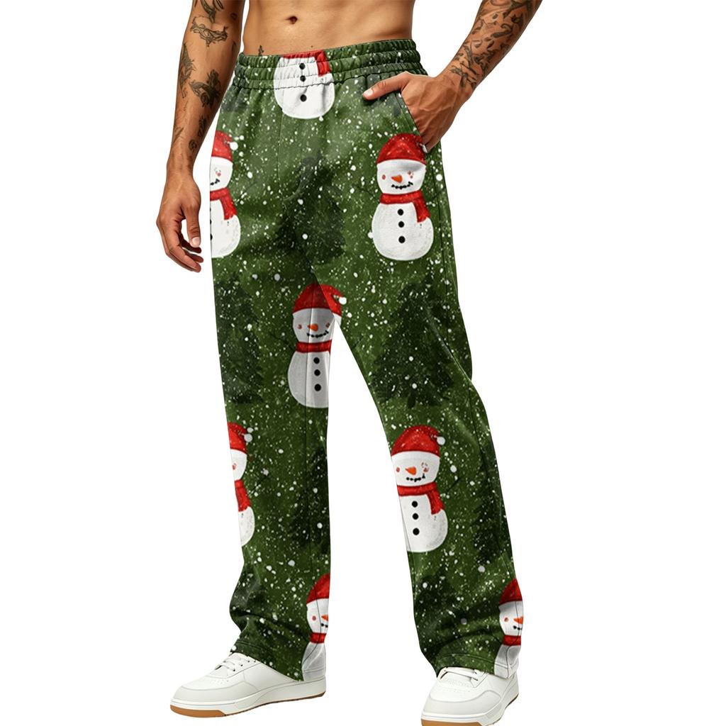 Men's Fashion Casual Loose Fit Wide Leg Christmas Print Sports Pants with Pockets