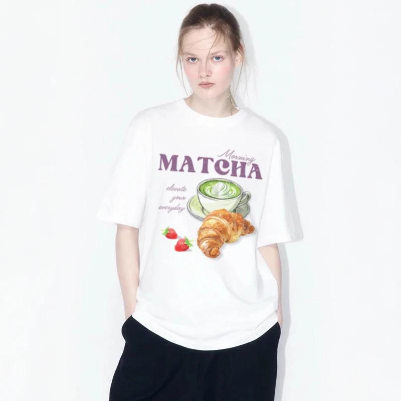 Vintage Loose Matcha Croissant Tshirts Retro Aesthetic Matcha Lover T Shirt Cute Breakfast Foodie Tee Shirt Women Clothing Gift S