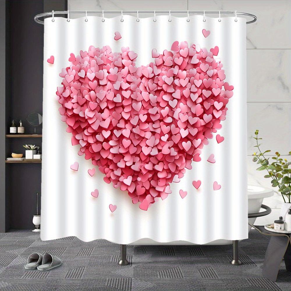 Heart Shape Shower Curtain – Pink Petal Design on White Background, Romantic Love Pattern, Polyester, Includes Hooks