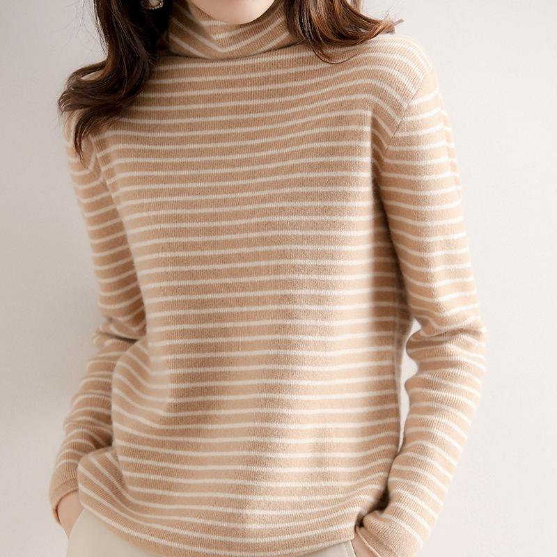 

Осень и зима новый полосатый свитер женский вязаный свитер с воротником-стойкой простой и универсальный свитер свободный и тонкий цветной низ XXL верблюд