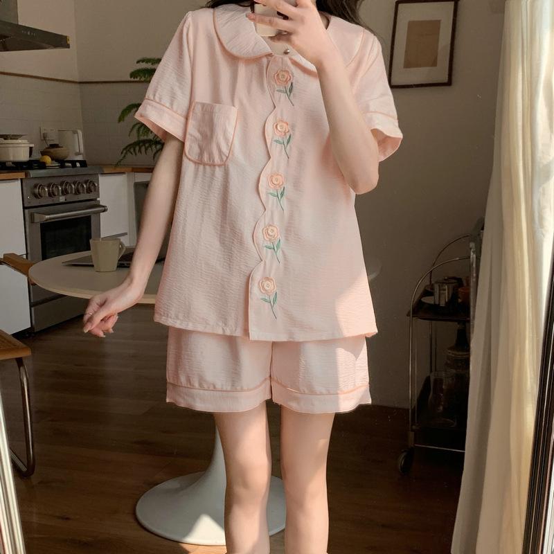 

Summer new embroidered flower short-sleeved cardigan sweet and cute wind cloud cotton comfortable soft loungewear set M
