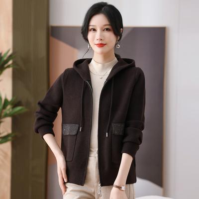 Mom's New Style Knitted Woolen Jacket for Spring and Autumn Clothes for Middle-aged and Elderly Women Wearing Hooded Cardigan Zipper Shirt Casual Top
