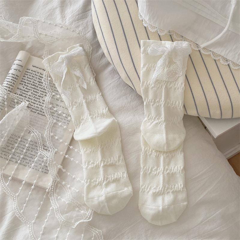 Female Spring and Summer Thin Cotton Solid Color Ballet Style Ribbon Bow Mesh Breathable Hose