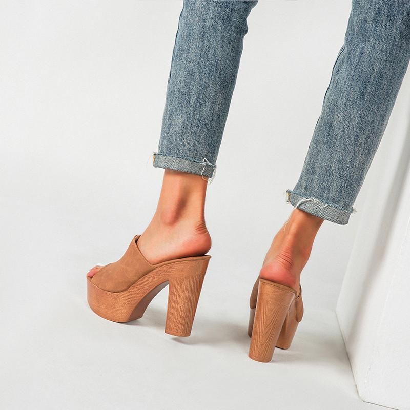 Eilyken Summer Roma Platform Heel Women Slippers Open Toe Wooden Bottom Slides Ladies Shoes