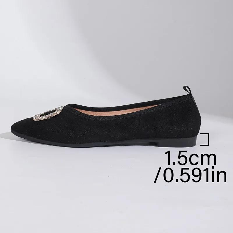 2025 Plus Size Women's Flats French Style Pointed Toe Black Diamond Decor Autumn Elegent Flat Sole Comfortable Work Shoes Ladies