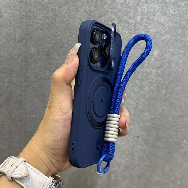 Luxe Standaard met Kickstand en Lanyard Magsafe Telefoonhoesje Voor iPhone 11 12 13 14 15 16 Pro Max Plus Magnetische Zachte Bumper Achterkant For iPhone 12 Pro blauw