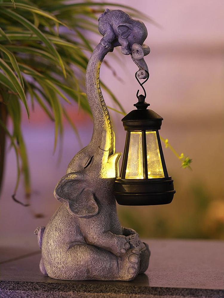 Solar Powered Elephant Statue Solar Animal Figurines with LED Light Cute Resin Ornaments Elephant Statue Sculptures Decoration