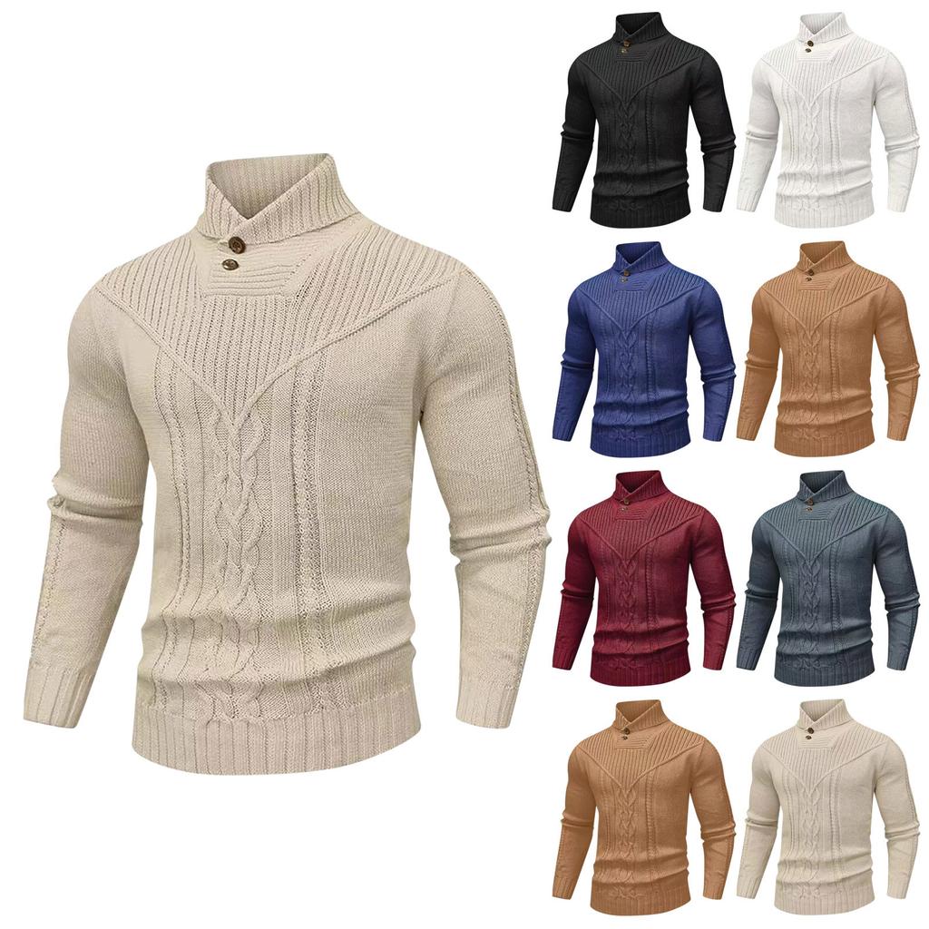 Men's Solid Color Knitted Sweater Tops  Men's Stand Collar Warm Classic Twisted Pullover Sweater