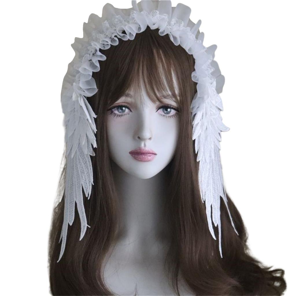 White Anime Headband With Angel Wing Multiuse Lace Trim Hairband For Fashion Enthusiasts Cosplay Costume Accessory