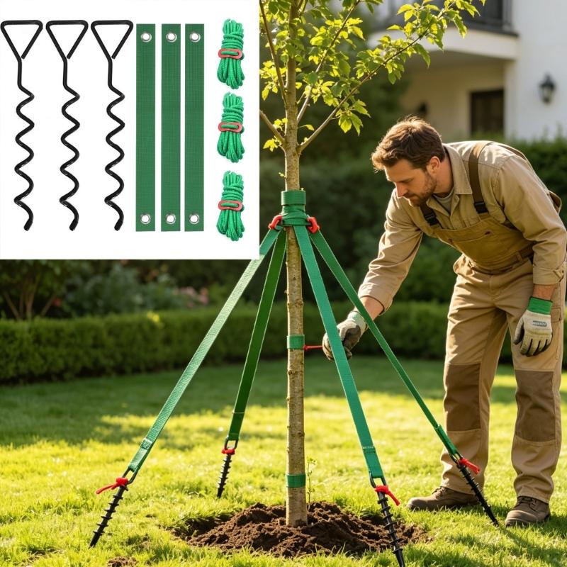 Tree Support Kit with Twist-In Soil Stakes, Grommet Ties and Tie Ropes for Freshly Planted Trees in Yard Spaces