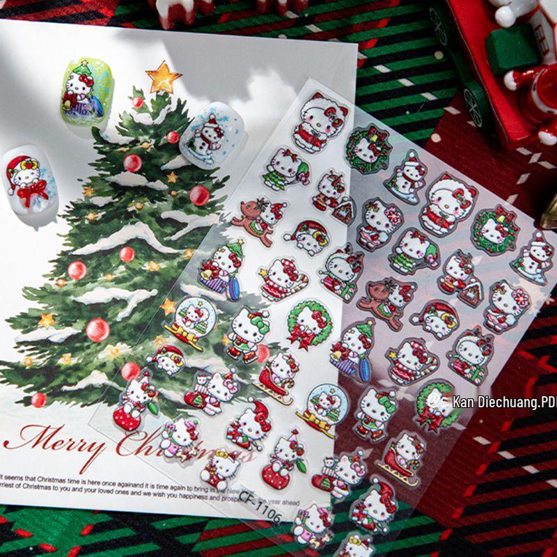 Sanrio Hello Kitty Christmas & New Year 3D Nail Stickers: Shin-chan Snowflake DIY Embossed Manicure Fashion.