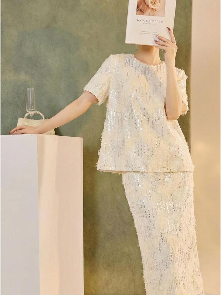 Elegant Sequin Embellished Chinese-Style Women's Shirt and Skirt Set – Spring/Summer Collection