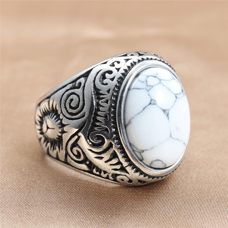 QIBAOKU Neuer Retro-Ring Titanstahl Naturtürkis Tigerauge Stein Ring Trendiger Herren Personalisierter Punk Edelstahlring