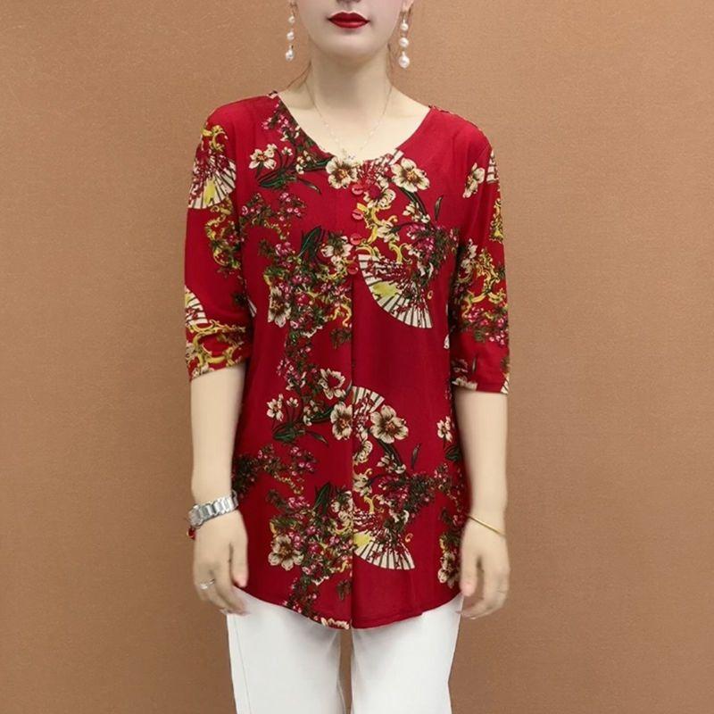 Summer Ice Silk Floral Blouse for Women Loose Round-neck Short-sleeve Pullover Printed Blouse
