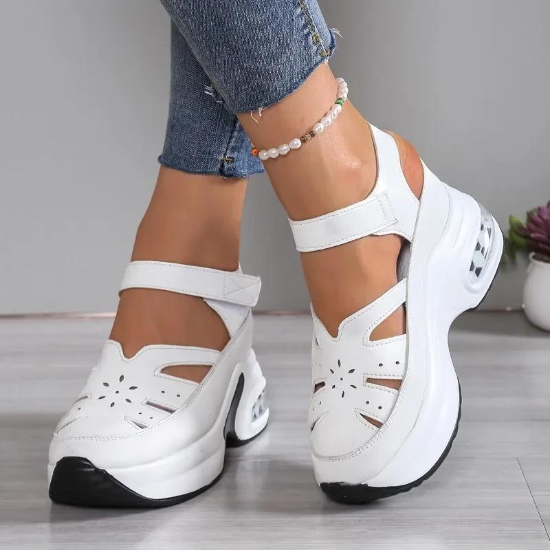 2025 Summer New Closed Toe Women's Sandals Platform Outdoor Hollow Wedges Round Toe Sandal Plus Size Comfortable Casual Sneakers