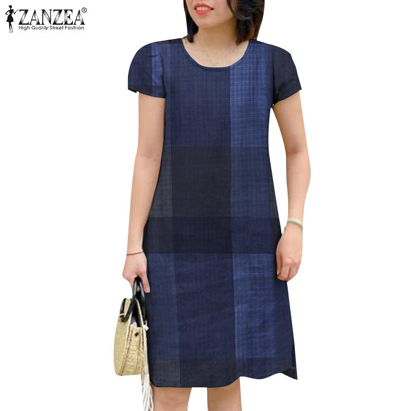 ZANZEA Womens Summer Round Neck Short Sleeve Grid Print Dress