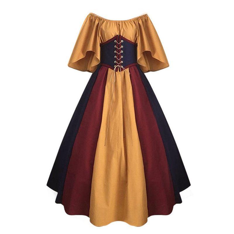European and American Medieval Retro Color-Blocking Patchwork Dress with Flying Sleeves, Tie-Waist, and Large Hem, Performance Dress Factory