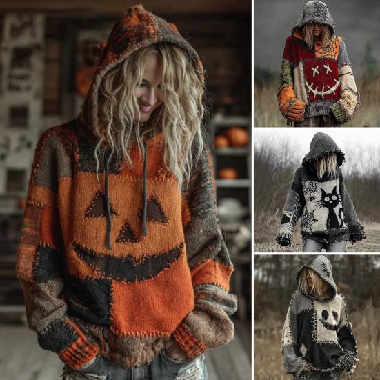 Imitation Cashmere Sweater Hooded Long Sleeve Halloween Ghost Cat Pattern Sweater Retro Print Loose Fit Distressed Knitting Hoodie