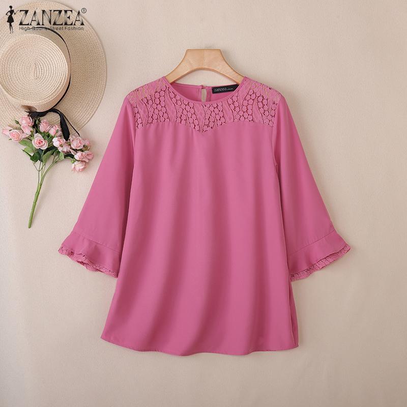 ZANZEA Women Summer Patchwork Round Neck Casual 3/4 Sleeve Loose Blouse