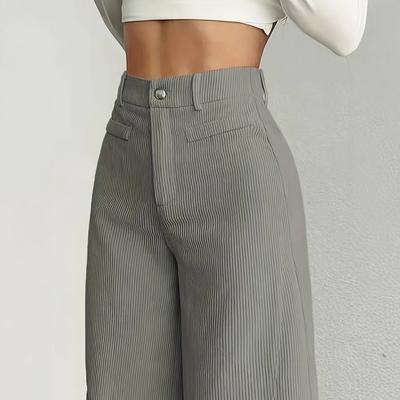 Dames High Waist Wide Leg Broek, Basis Casual Broek met Knoopdetail, Effen Grijs