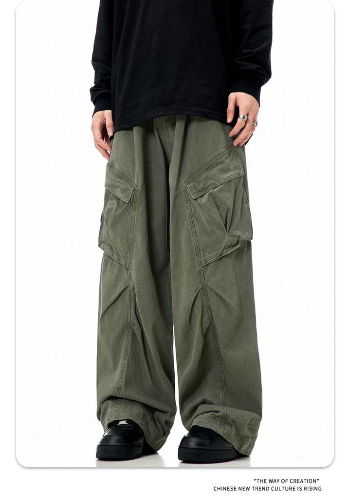 11KN Unisex Retro Wide Leg Work Pants with 3D Pockets - Pleated, Loose, Slimming, Casual, Long Fit