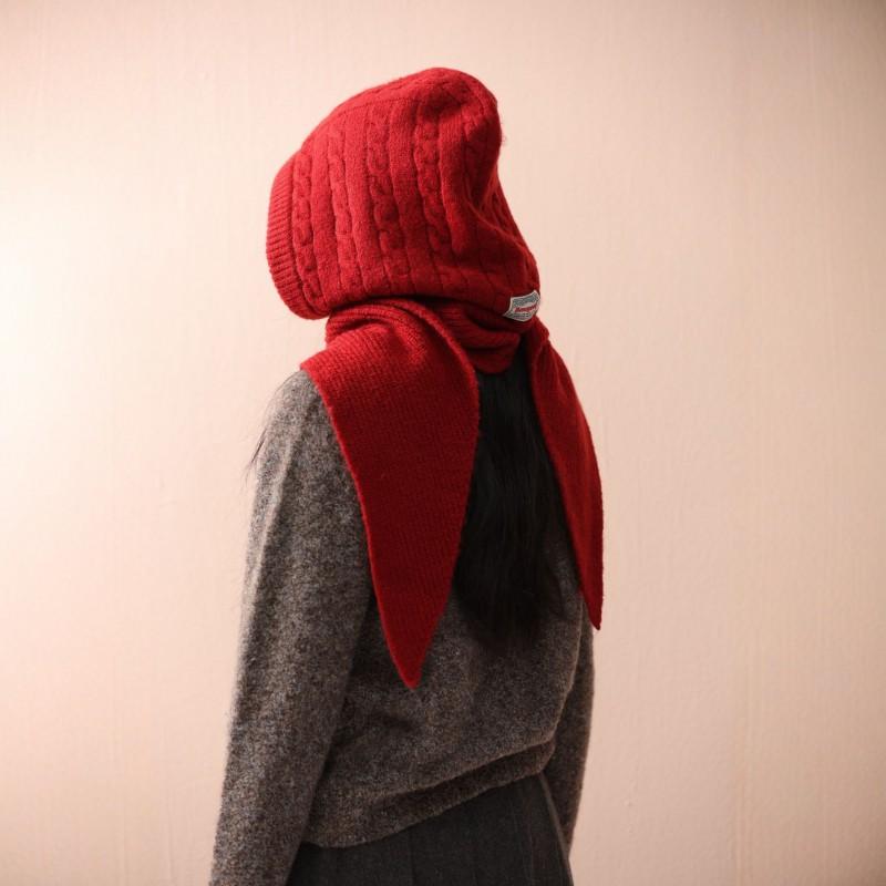 Koreanischer Stil Gestrickte Sturmhaube mit Schal Damen Winter Warm Ohrenschützer Mütze in Schwarz Mokka Grau Blau Weiß Rot