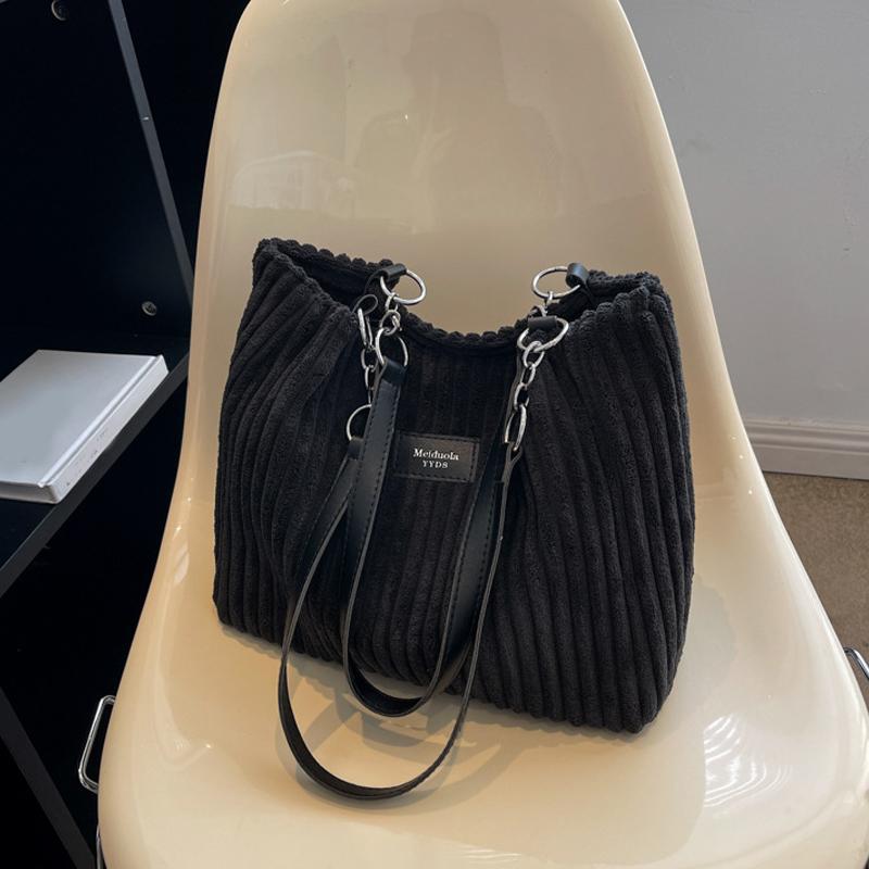 Women Corduroy Shoulder Bag Solid Color Handbag Shoulder Strap Large Capacity Simple Multifunctial Design Casual Totes