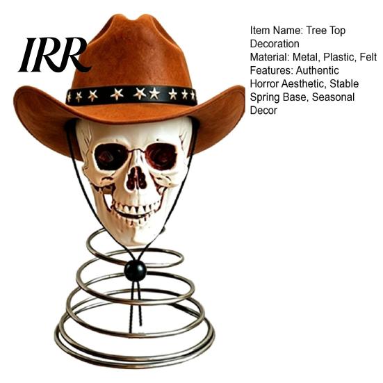Unique Skull Tabletop Figurine Gothic Tree Topper with Cowboy Hat, Vintage Western Creative Holiday Skeleton Ornament for Halloween, Spooky Christmas