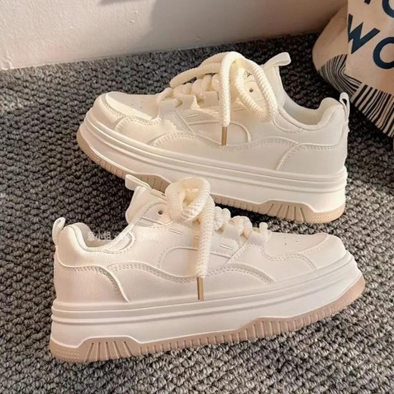 Fashion Round-toe Lace-up Casual White Thick-soled Vulcanized Shoes Seasonal New Comfortable Flat-soled Fashion Sneakers