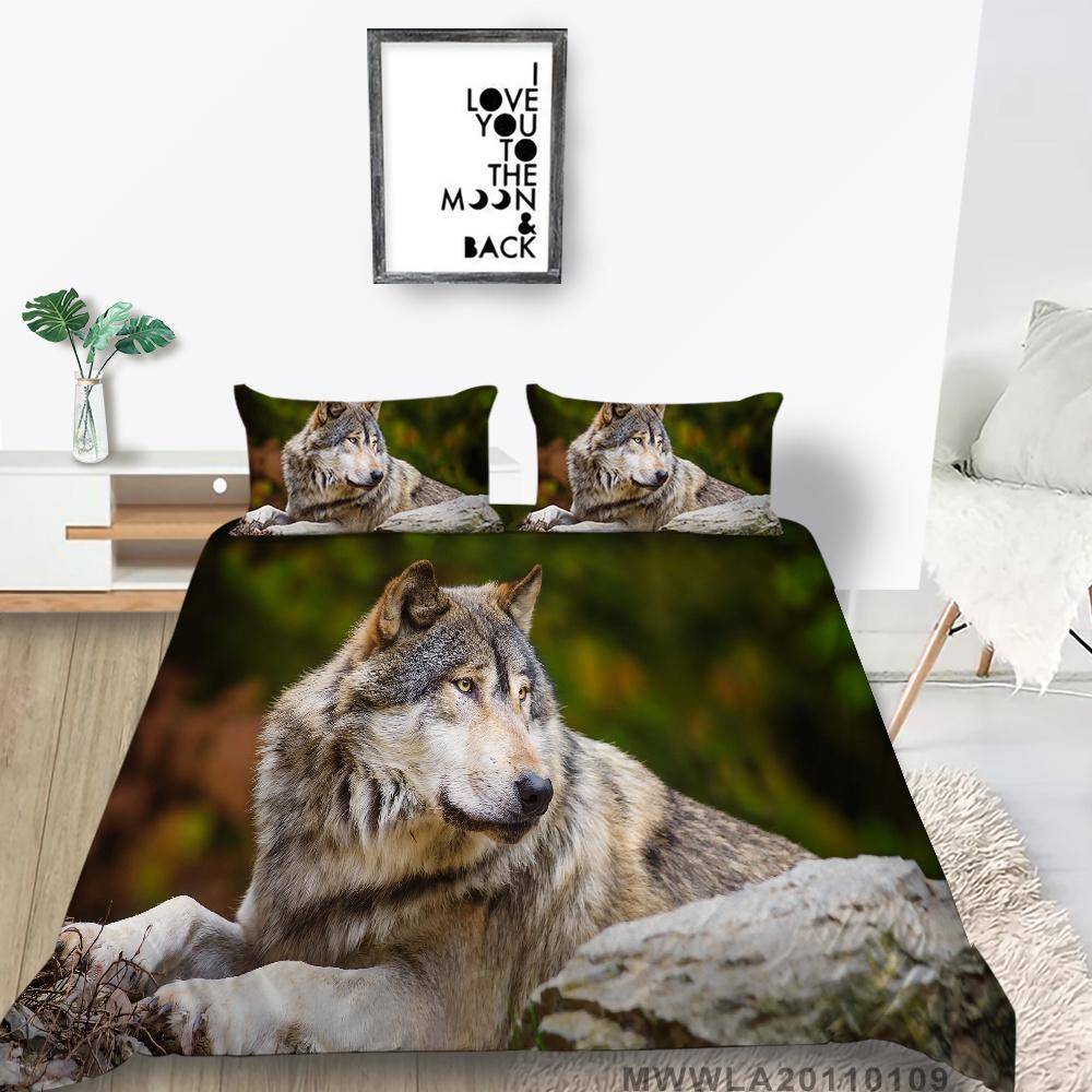 Hot Salg Dynetrekksett 2/3 stk Sengedrakt Wolf Printing Dynetrekksett Grønn soveromsdekorasjon
