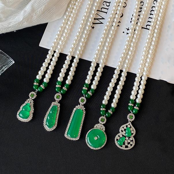Green Chalcedony Pearl Necklace Pendant Chinese Style Light Luxury Temperament Sweater Chain Holiday Gift All-match Necklace
