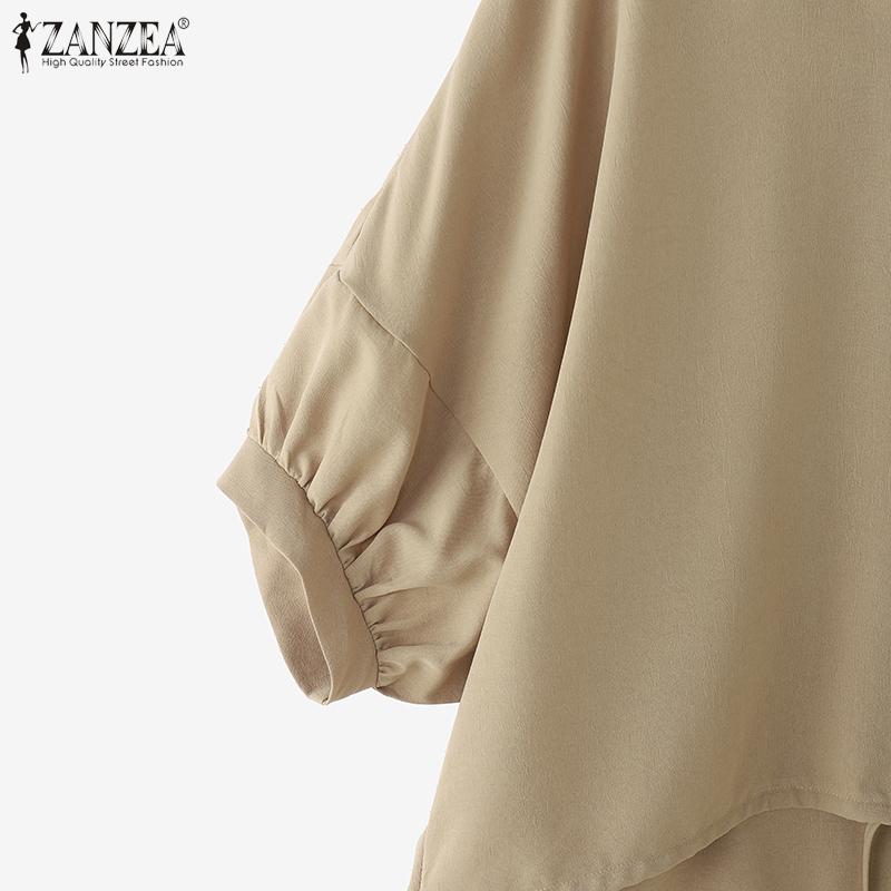 ZANZEA Women Summer Turn Down Collar Loose Asymmetrical Half Sleeve Blouse