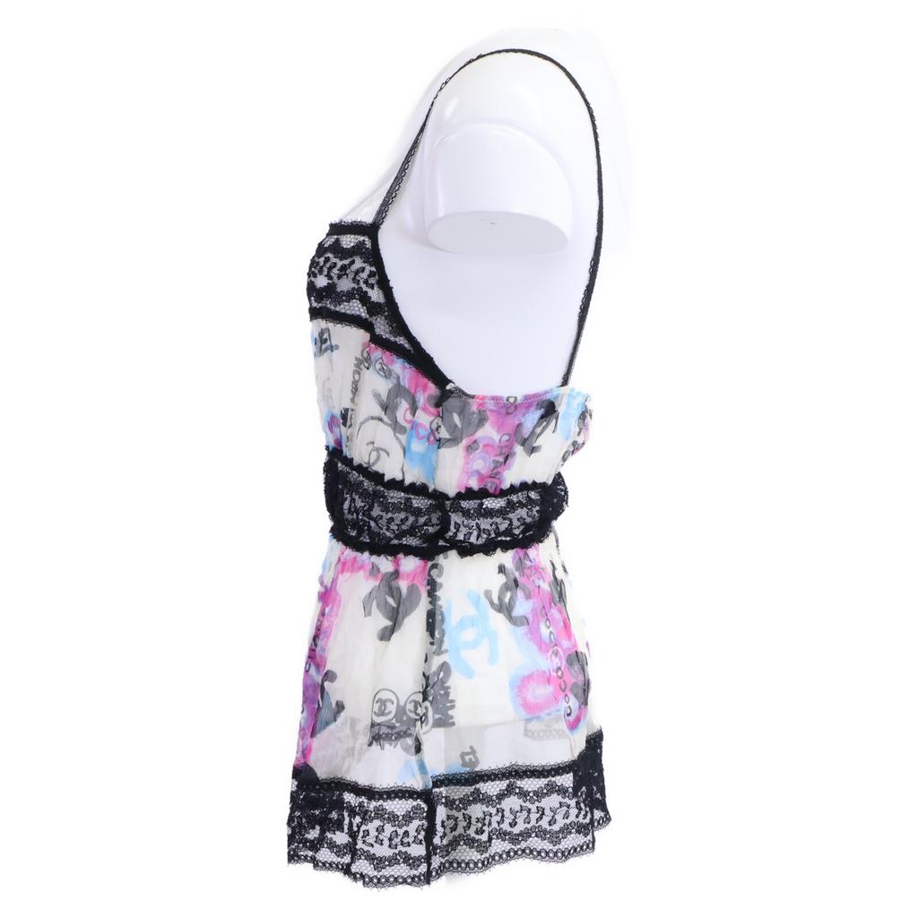 Chanel 07C P29955V19739 Silk Graffiti CC Logos Lace Trim Camisole Tops 38 black/white/multicolorUsed
