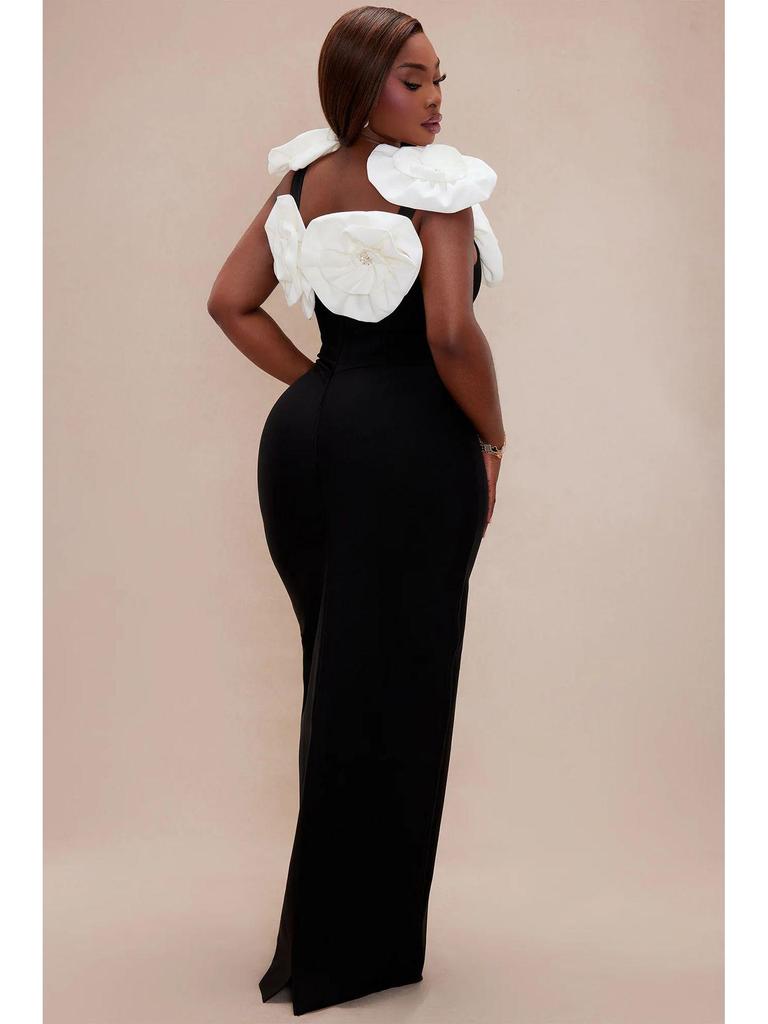 White Floral Black Bodycon Evening Dress with Back Slit – Sleeveless European & American Fashion Slimming Design