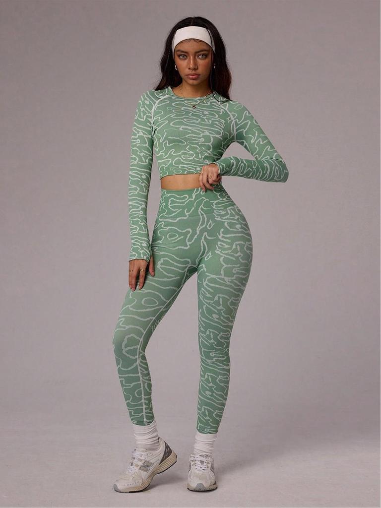 Nahtloses Yoga-Sportbekleidungsset: Langarmtop mit Daumenlöchern & Schlanke High-Waist-Hose mit Po-Lifting für Outdoor-Sport