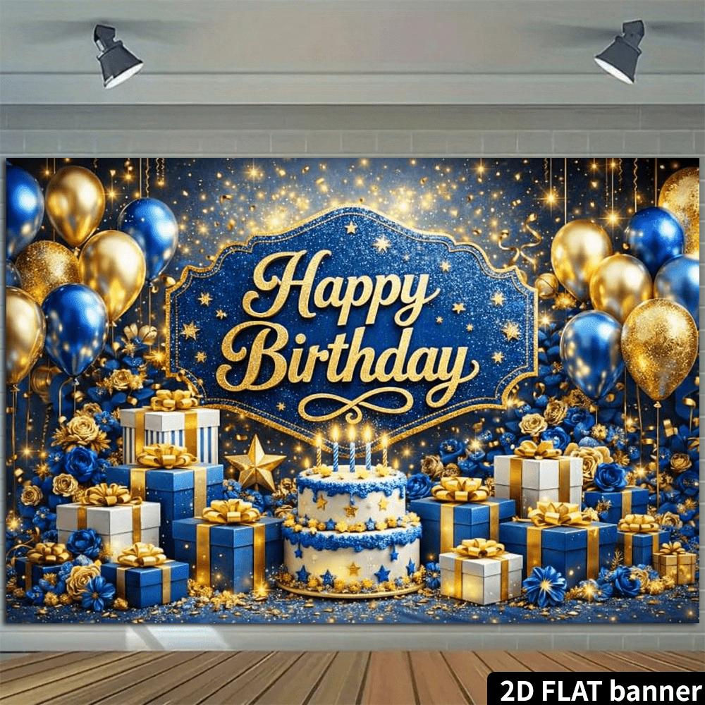 2D planar dark blue gold luxurious birthday party backdrop with the center featuring the golden "Happy Birthday" text.PMJ