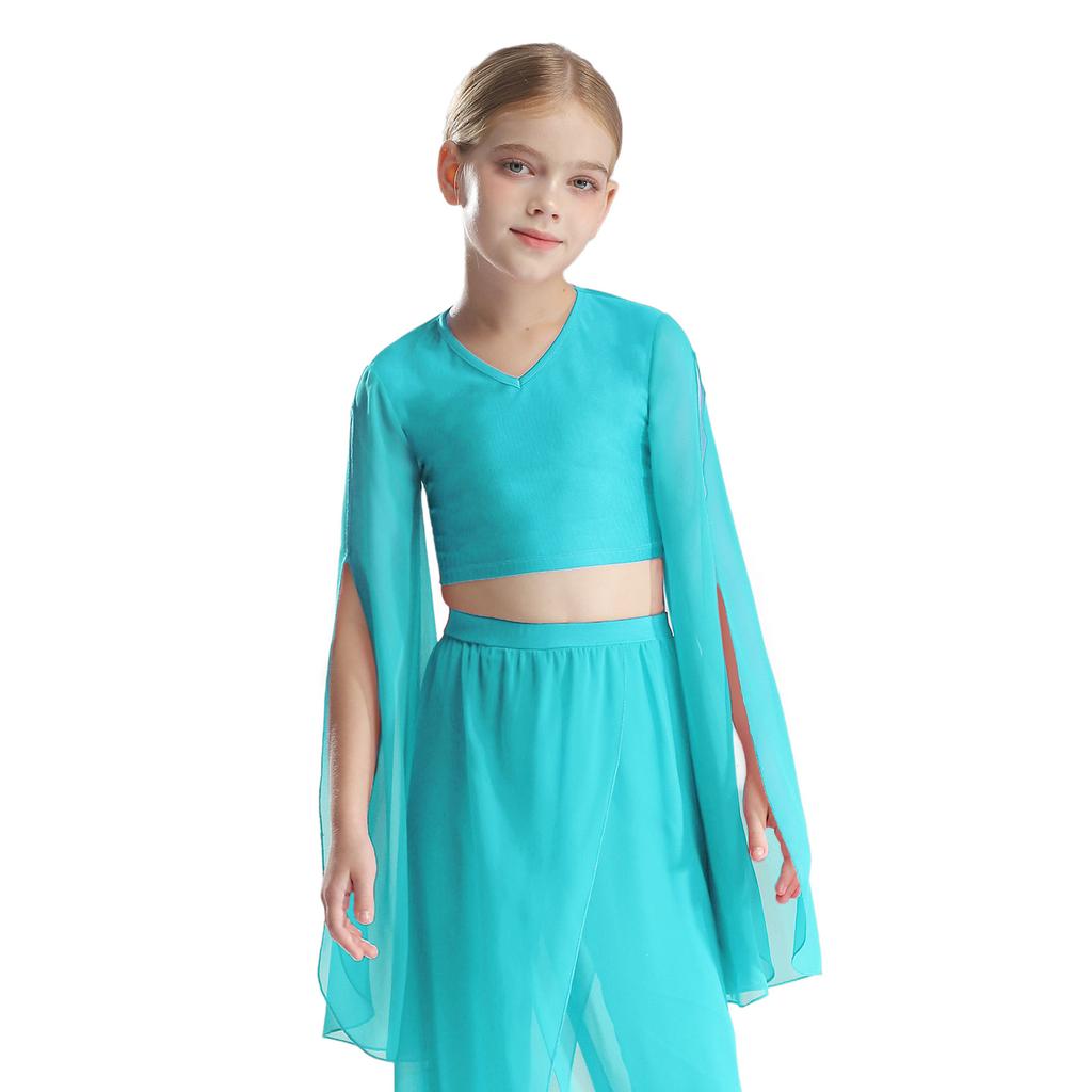 Girls Classical Dance Crop Top: V Neck Split Flared Sleeves Elegant Top for Practice Performance