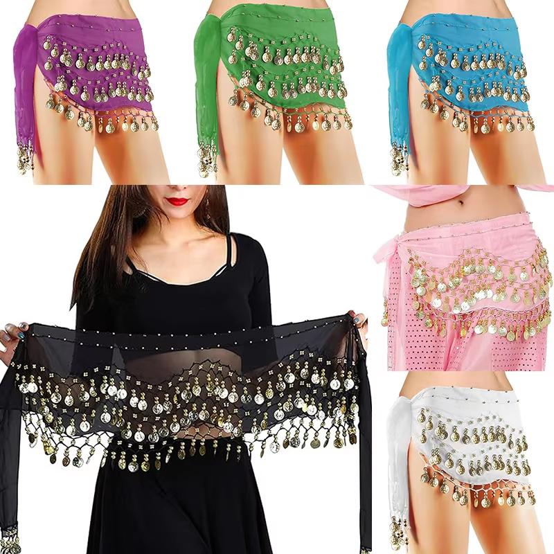1pc Belly Dance Hip Scarf Chiffon Skirt Wrap Professional Hip Scarf Skirt Costume with Coins for Yoga Belly Dancing Beginners