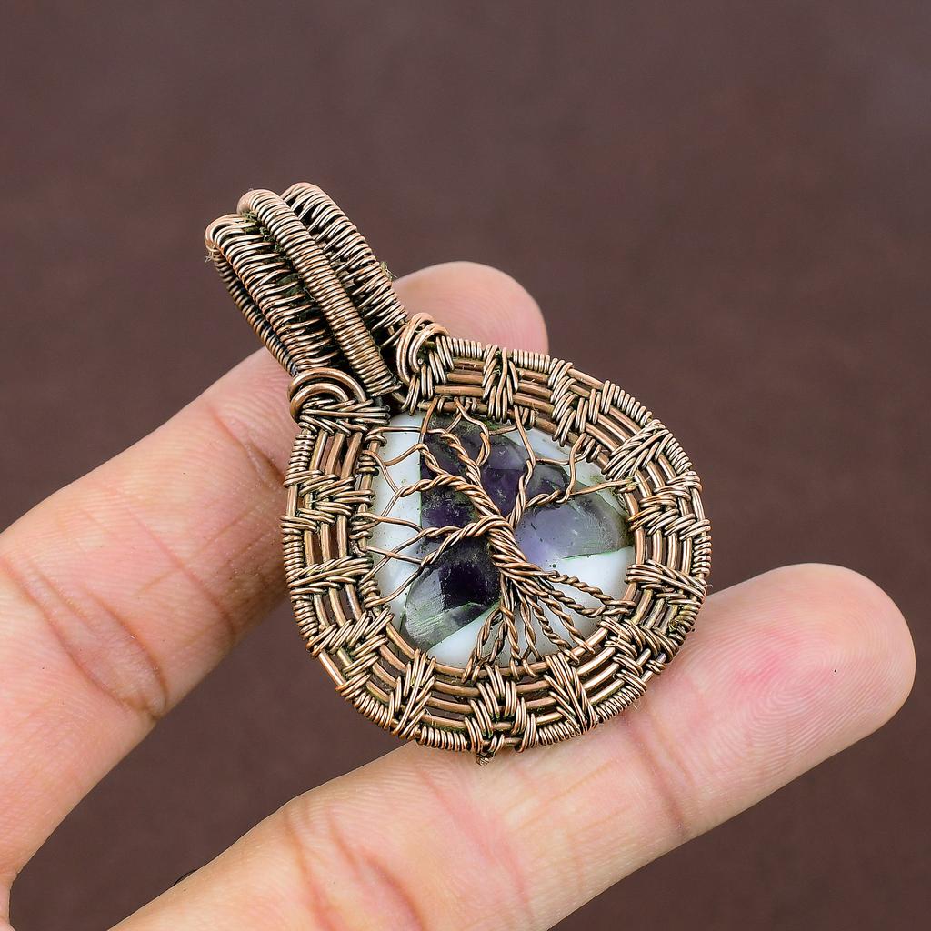 Natural Tree Of Life Sage Amethyst Gemstone Copper Wire Wrap Pendant 2.17" a5j74