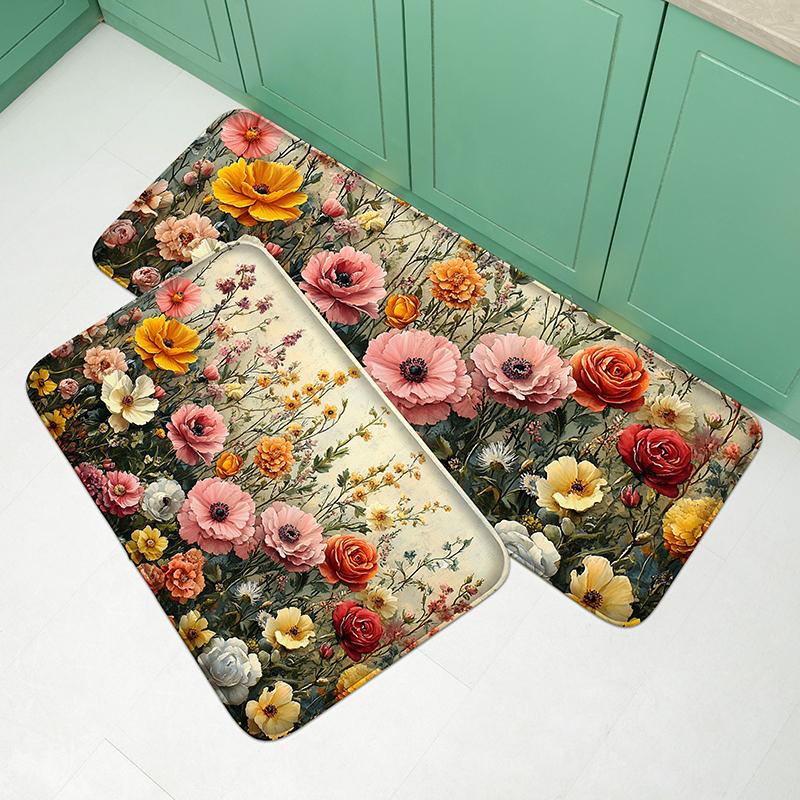 Summer Fresh Floral Pattern Kitchen Door Mat, Soft and Comfortable Bedroom Floor Mat, Bathroom Small Carpet, Absorbent Foot Mat