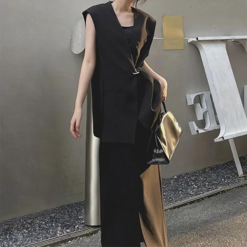 

2024 Летний женский свободный жилет средней длины без воротника XL чёрный