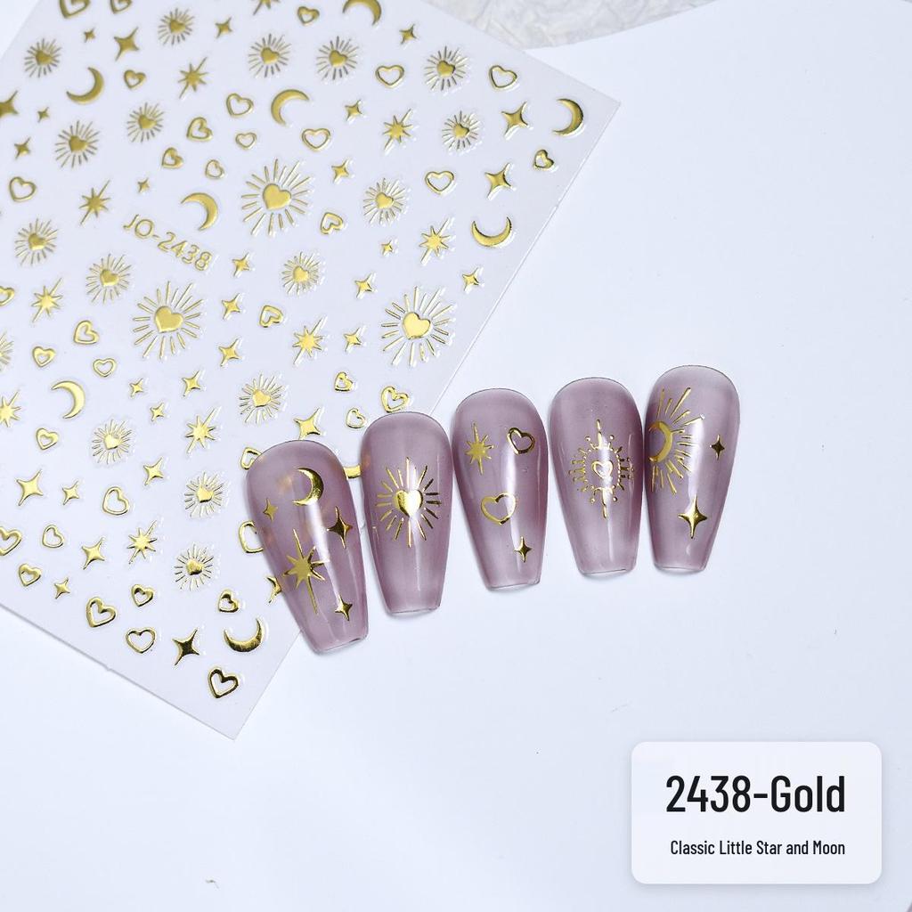 Metallic Star & Moon Nail Art Stickers (Gold & Silver) - Hollow Heart, Moon, Four-Pointed Star Design
